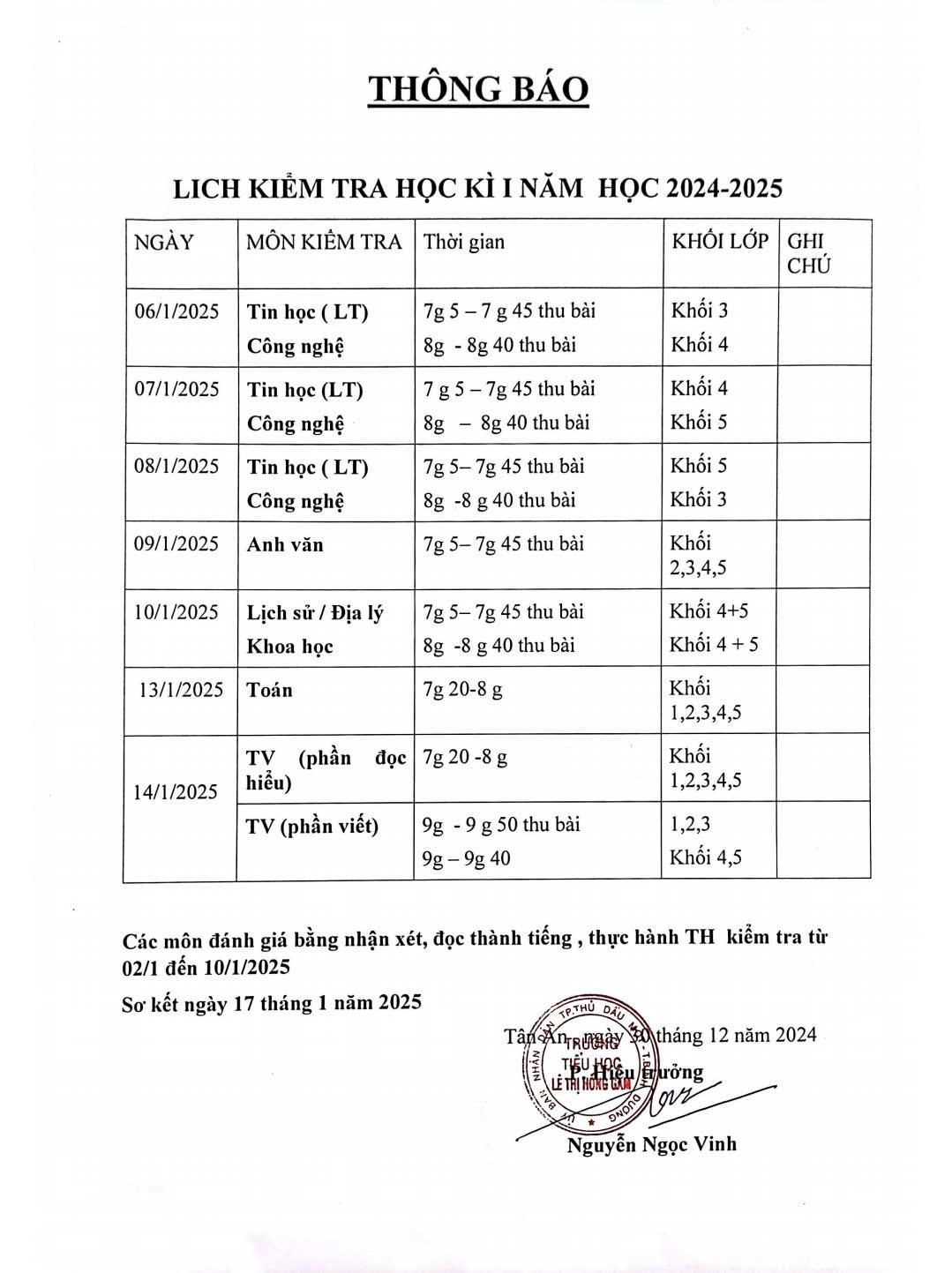 LICH THI HỌC KI 1